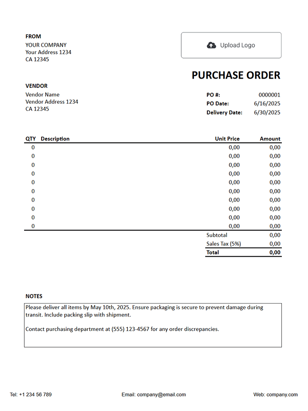 Printable Purchase Order Form in Google Sheets
