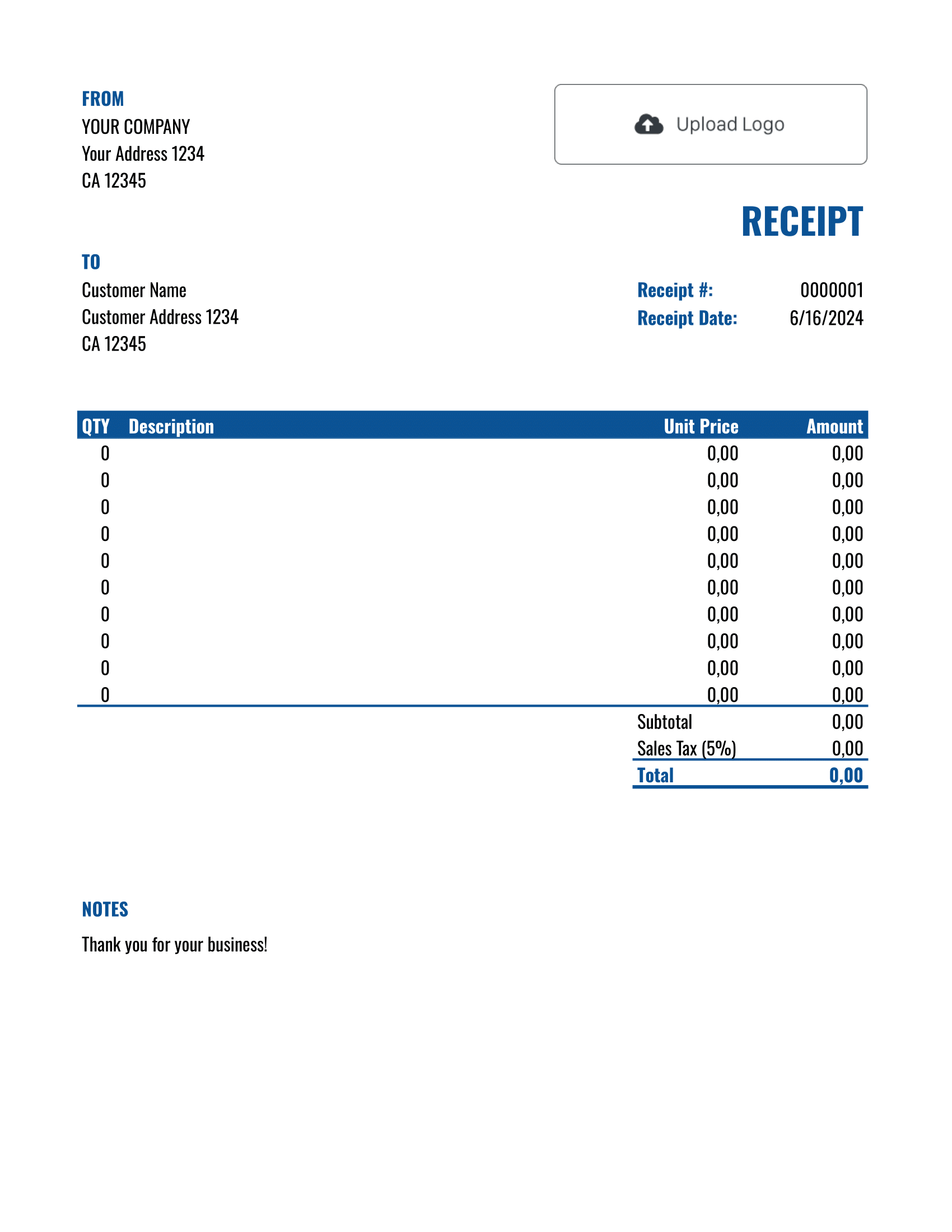 Printable Google Sheets Receipt Template