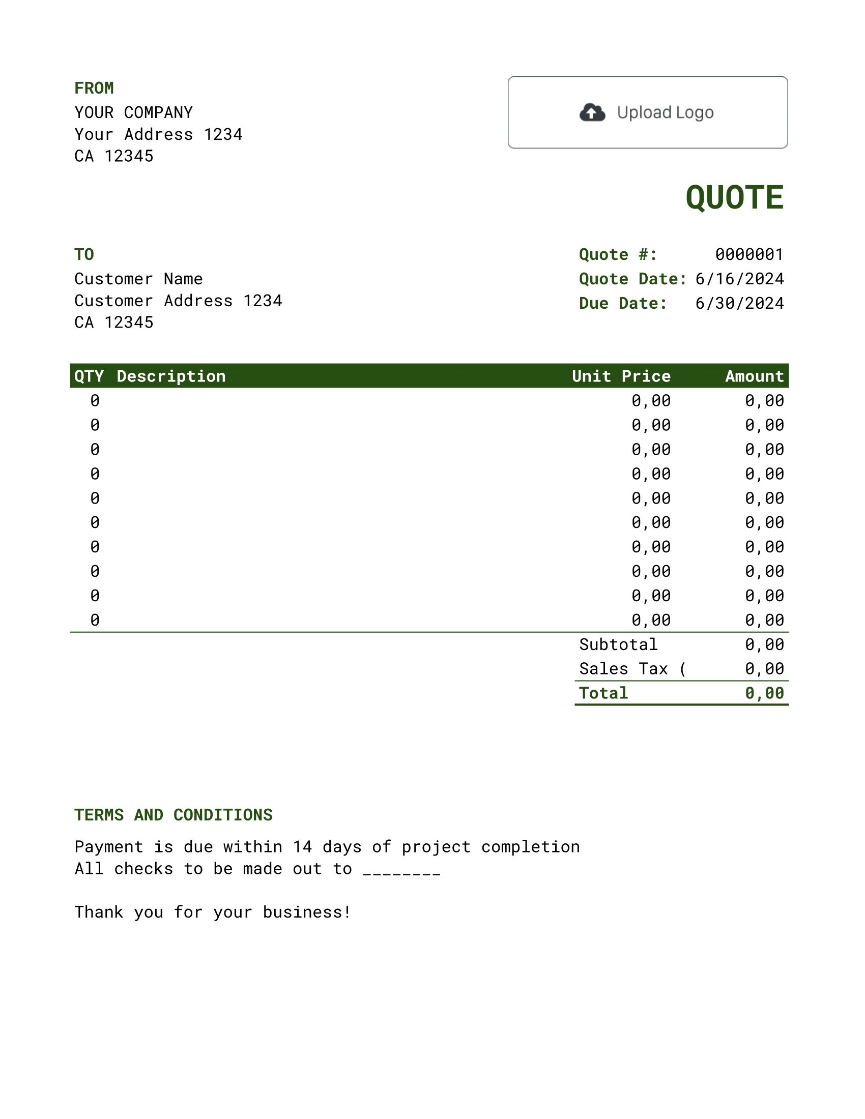 Standard Google Sheets Quote Template