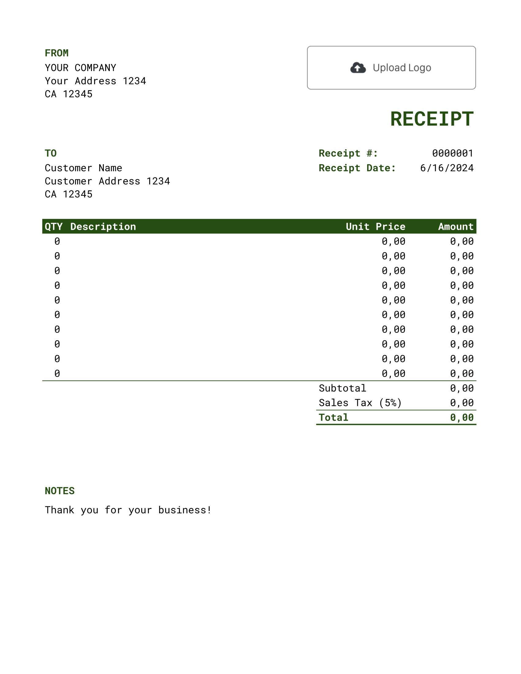 Standard Google Sheets Receipt Template