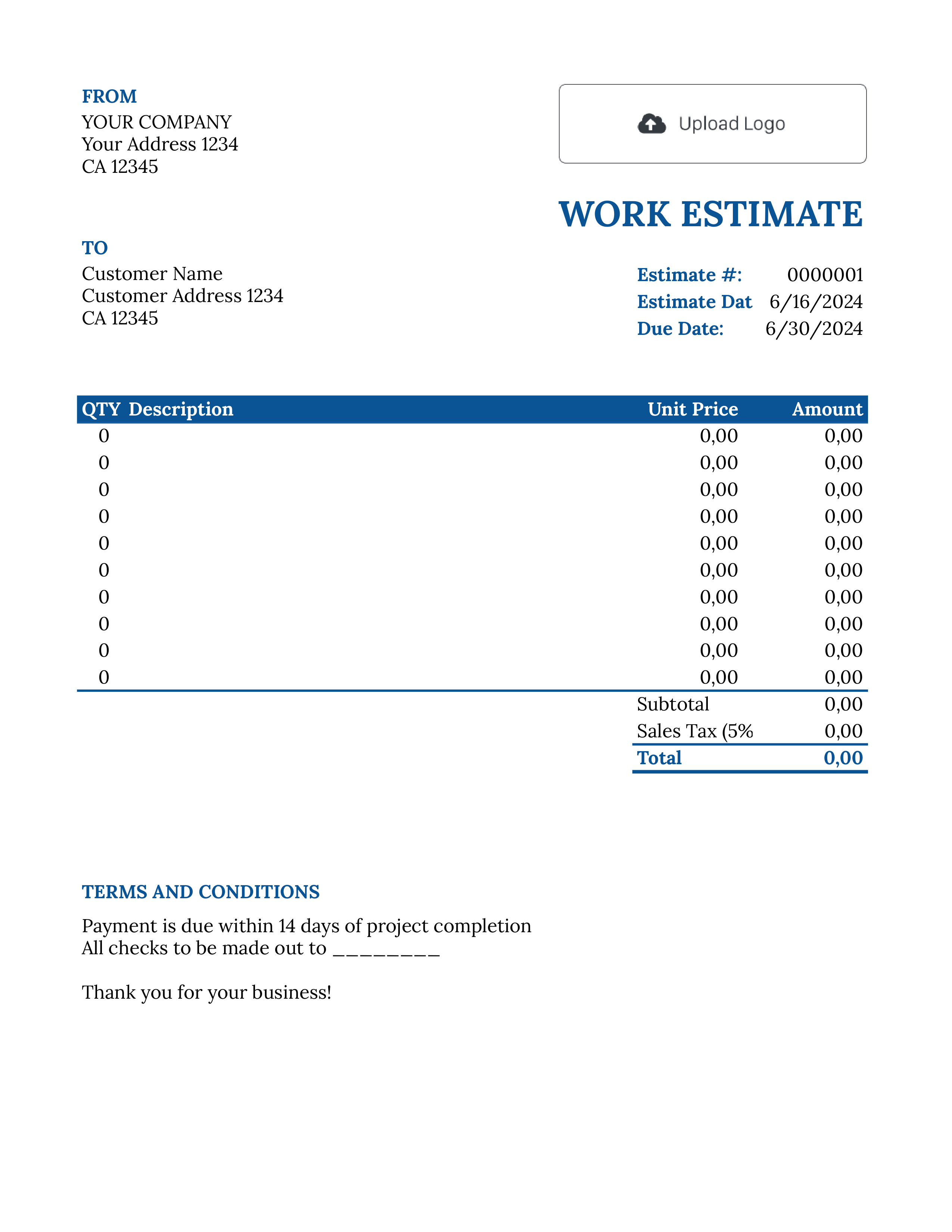 Google Sheets Work Estimate Template