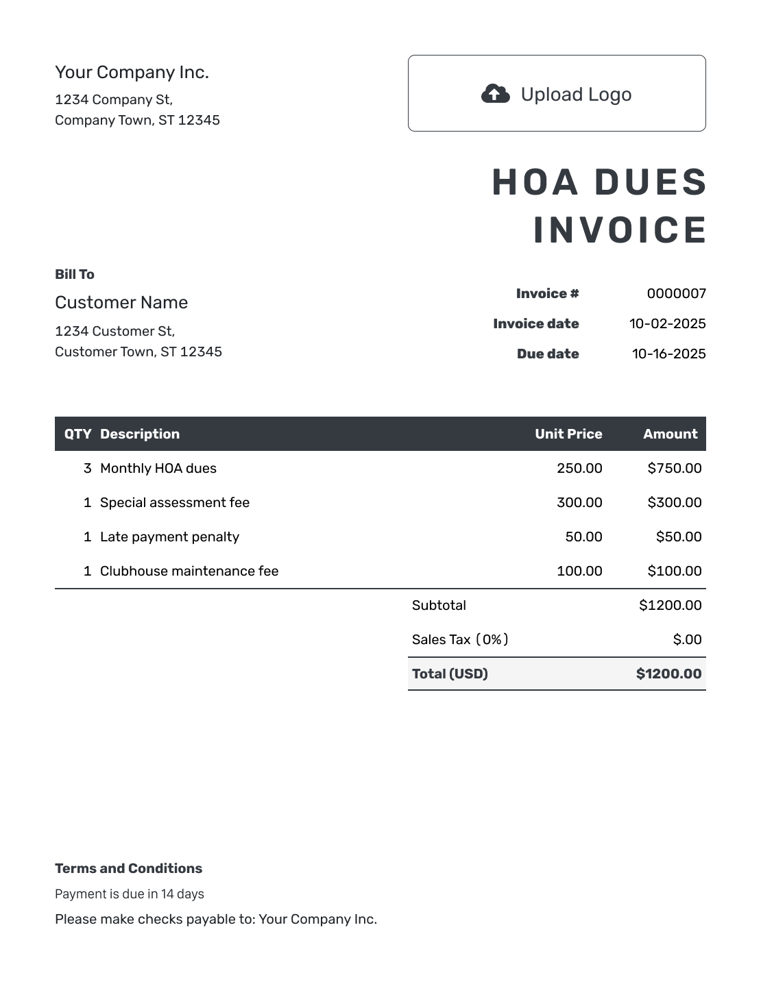 Hourly HOA Dues Invoice Template