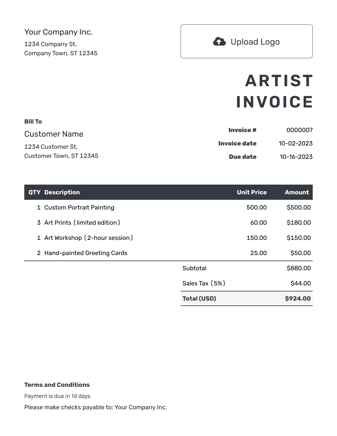 Hourly Artist Invoice Template
