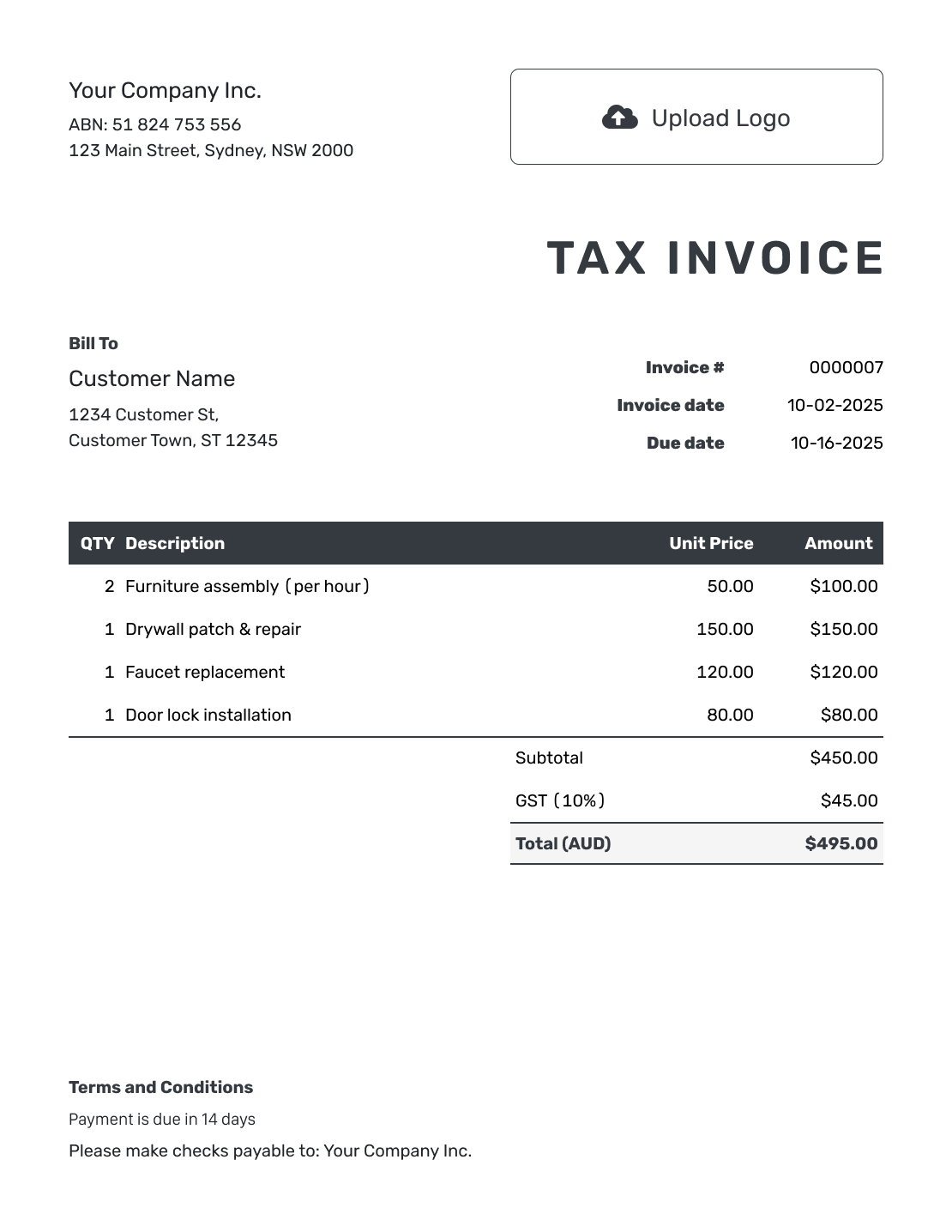 Hourly Australian Invoice Template