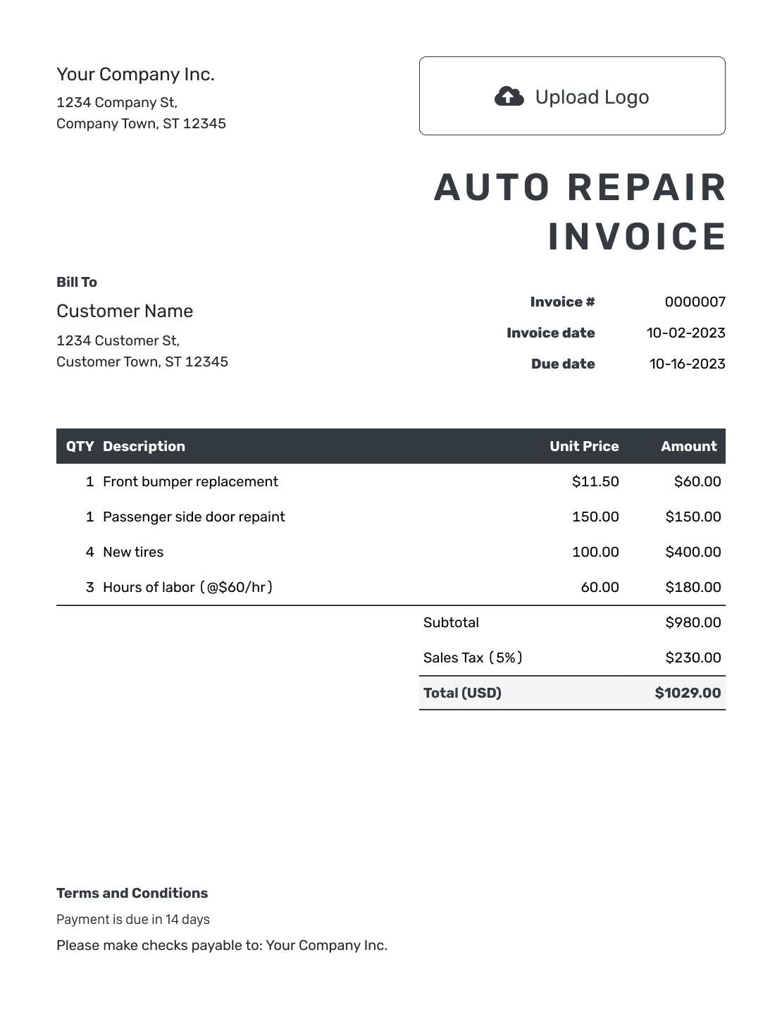 Hourly Auto Repair Invoice Template