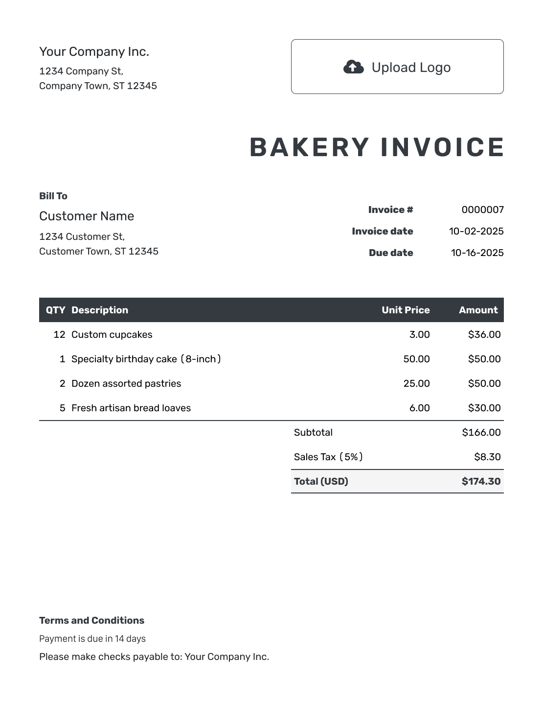 Hourly Bakery Invoice Template