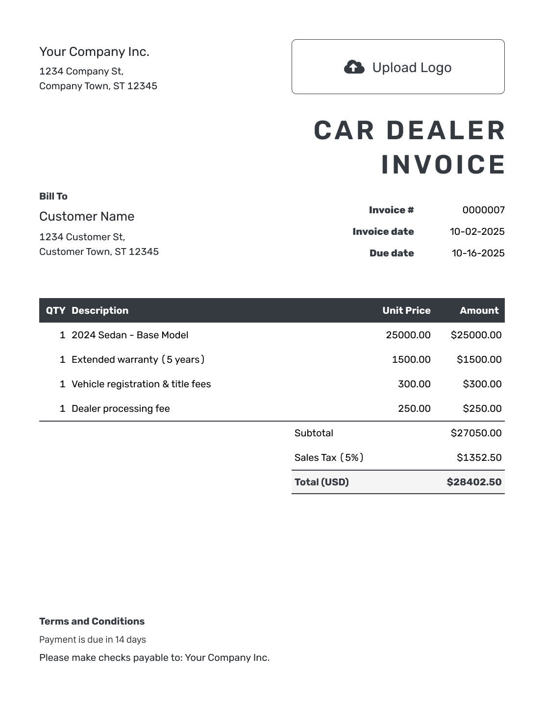 Hourly Car Dealer Invoice Template