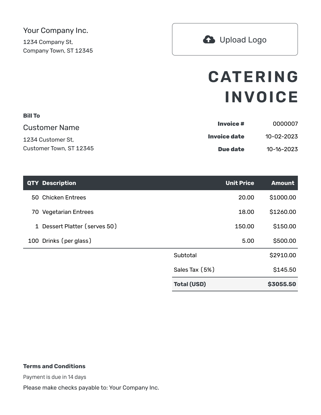 Hourly Catering Invoice Template