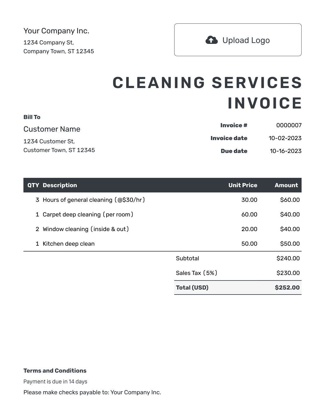 Hourly Cleaning Services Invoice Template