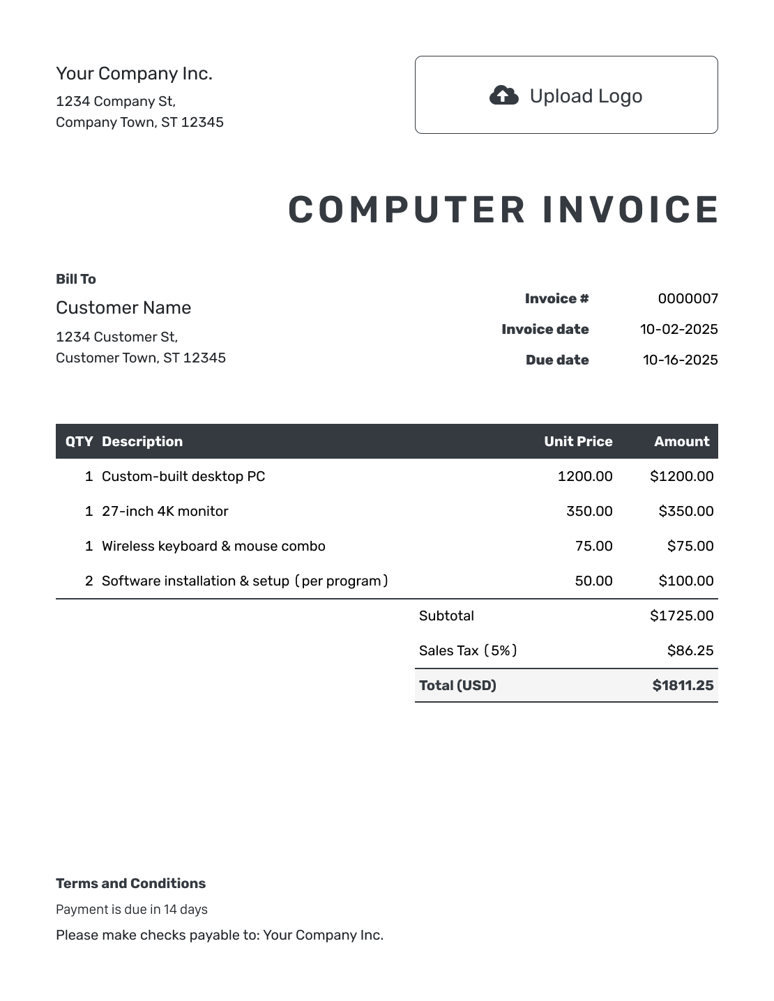 Hourly Computer Invoice Template