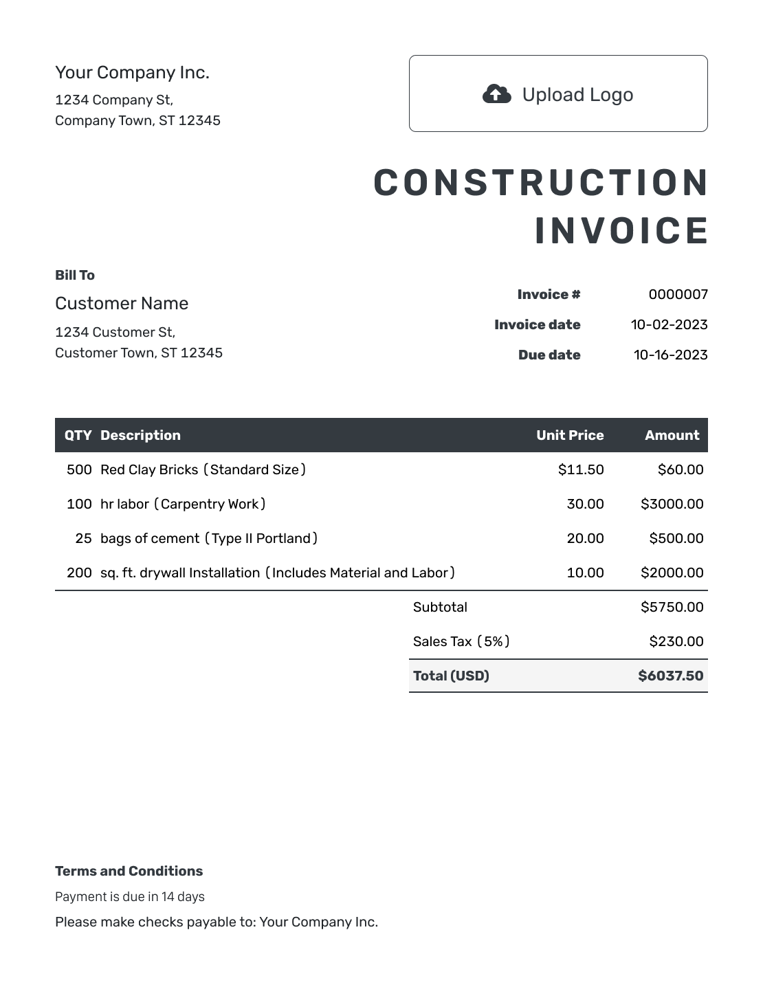Hourly Construction Invoice Template