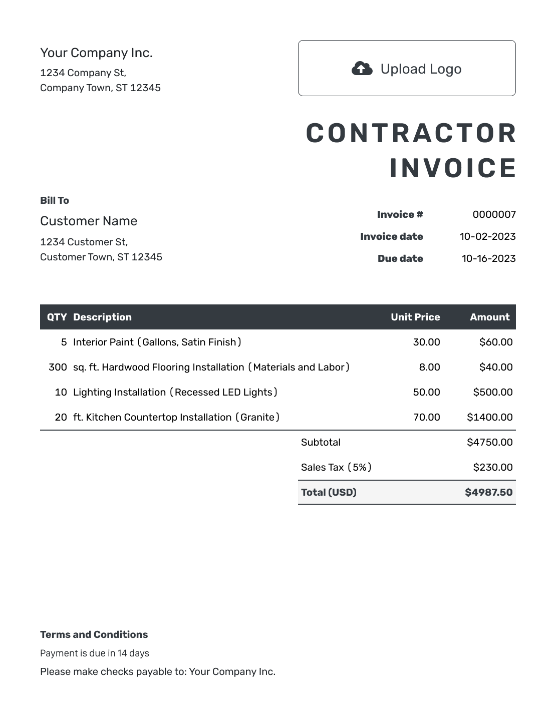 Hourly Contractor Invoice Template