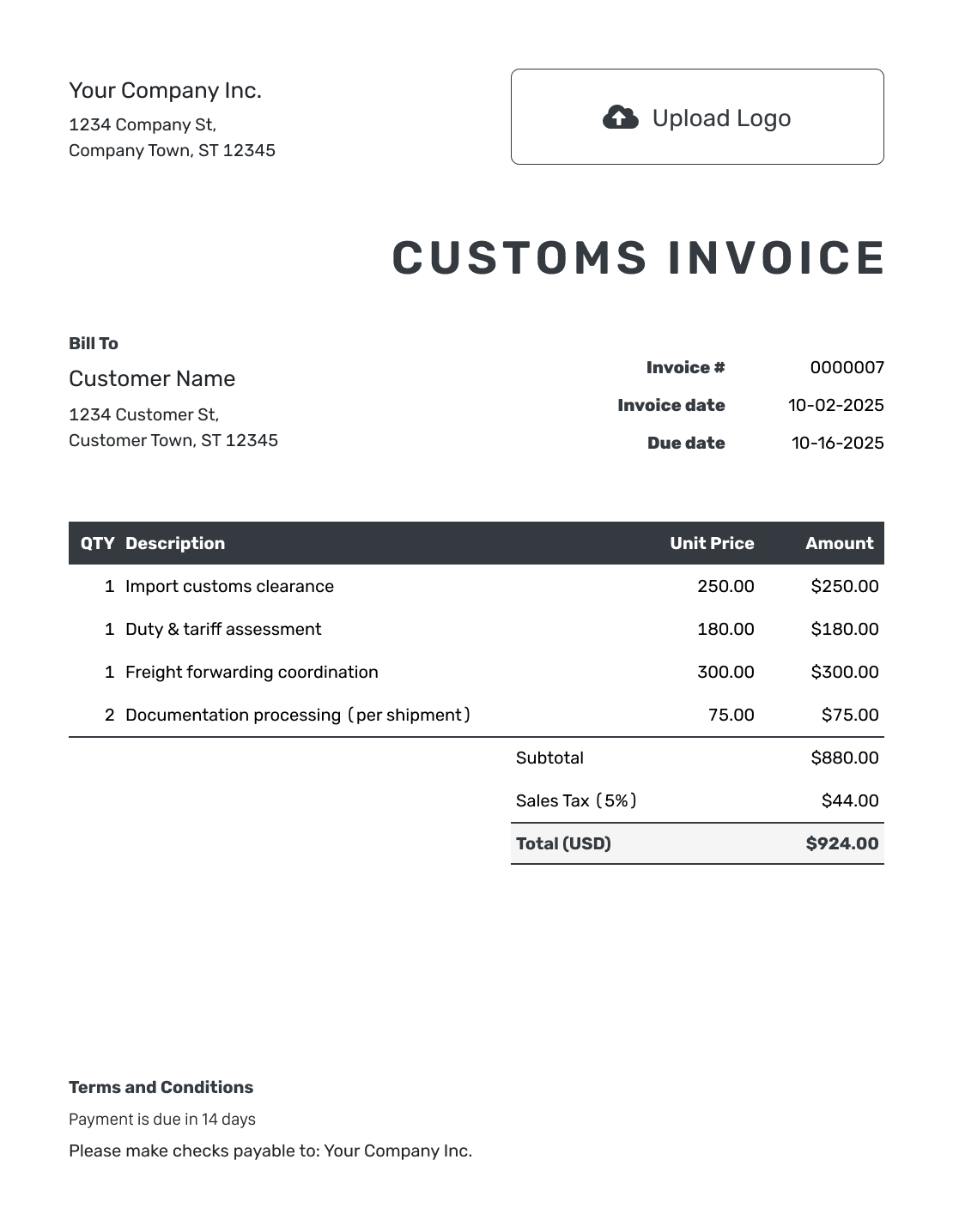 Hourly Customs Invoice Template