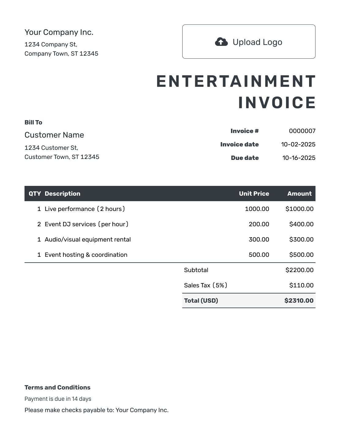 Hourly Entertainment Invoice Template