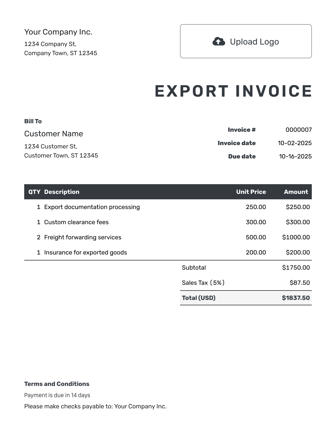 Hourly Export Invoice Template