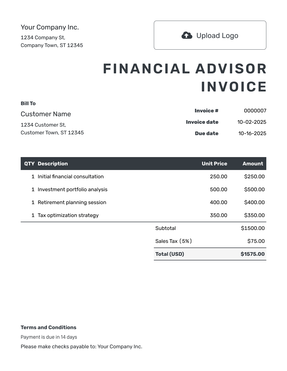 Hourly Financial Advisor Invoice Template