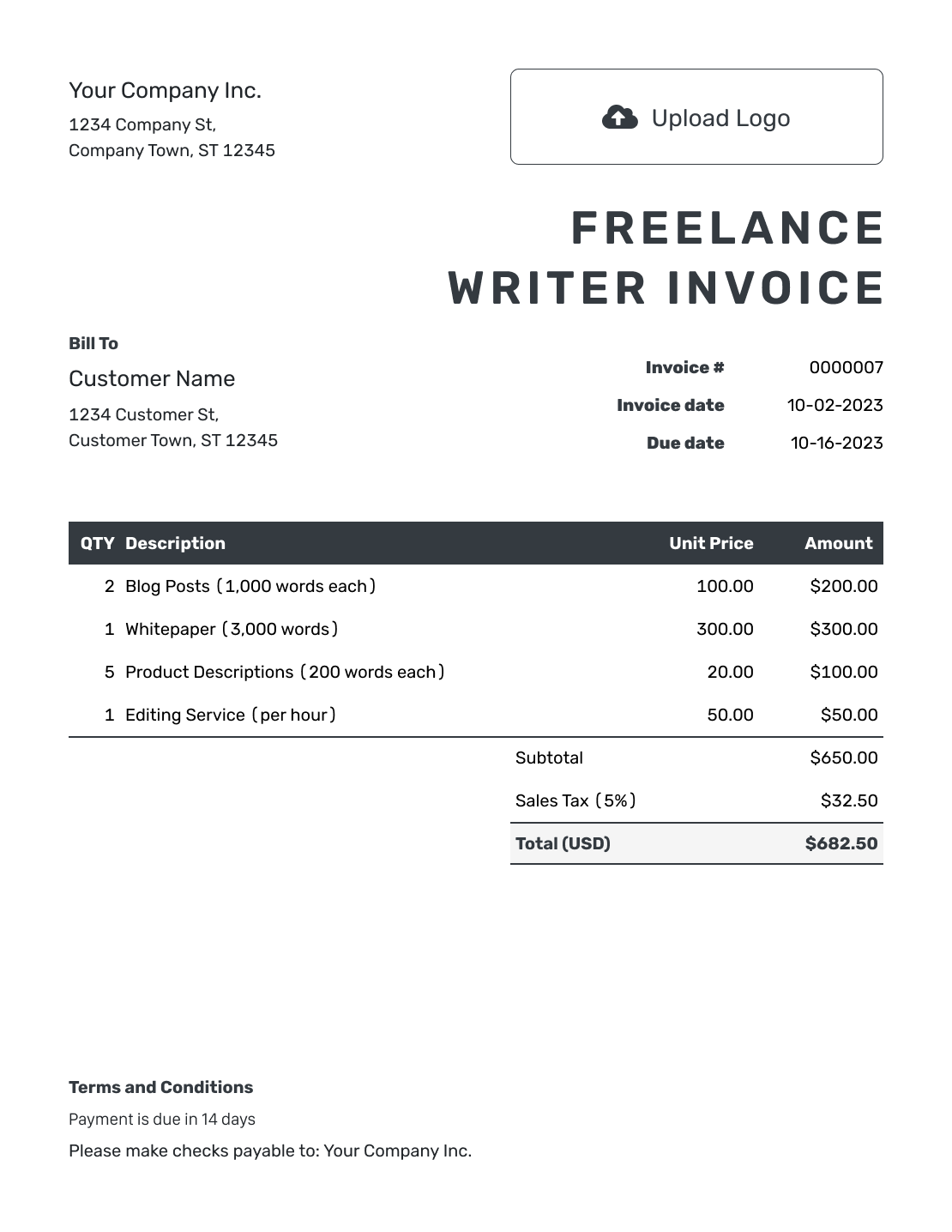 Hourly Freelance Writer Invoice Template