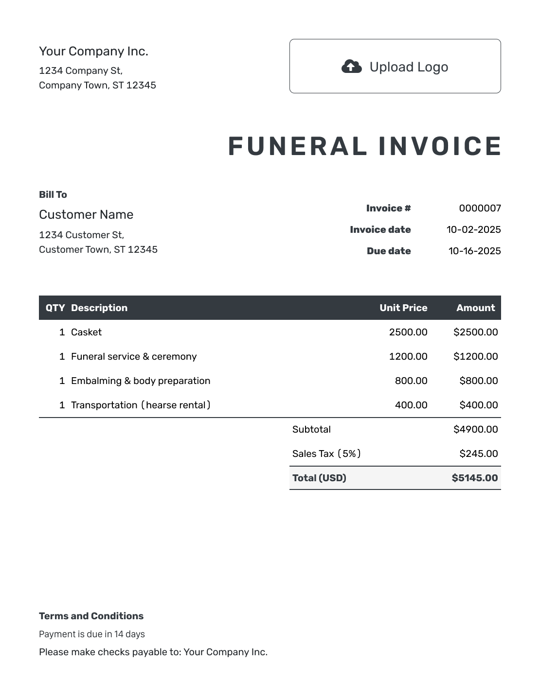 Hourly Funeral Invoice Template