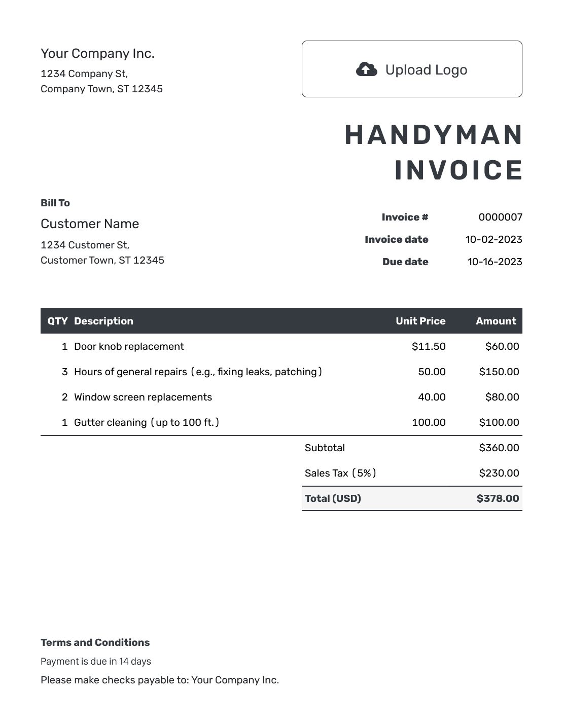 Hourly Handyman Invoice Template