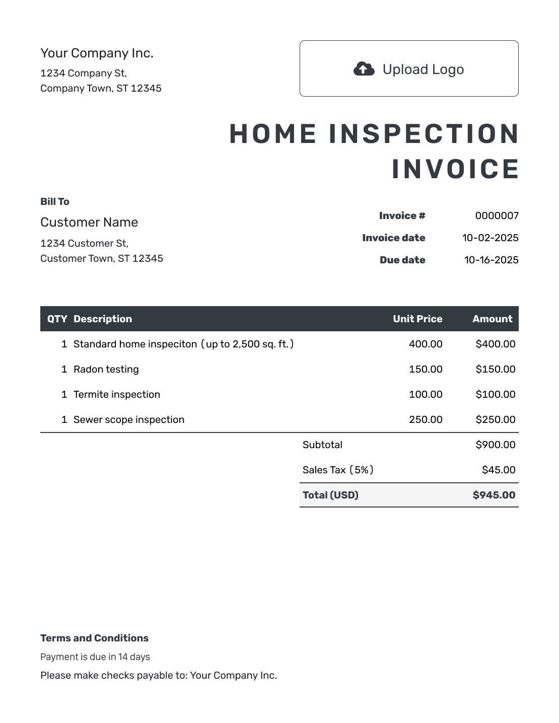 Hourly Home Inspection Invoice Template