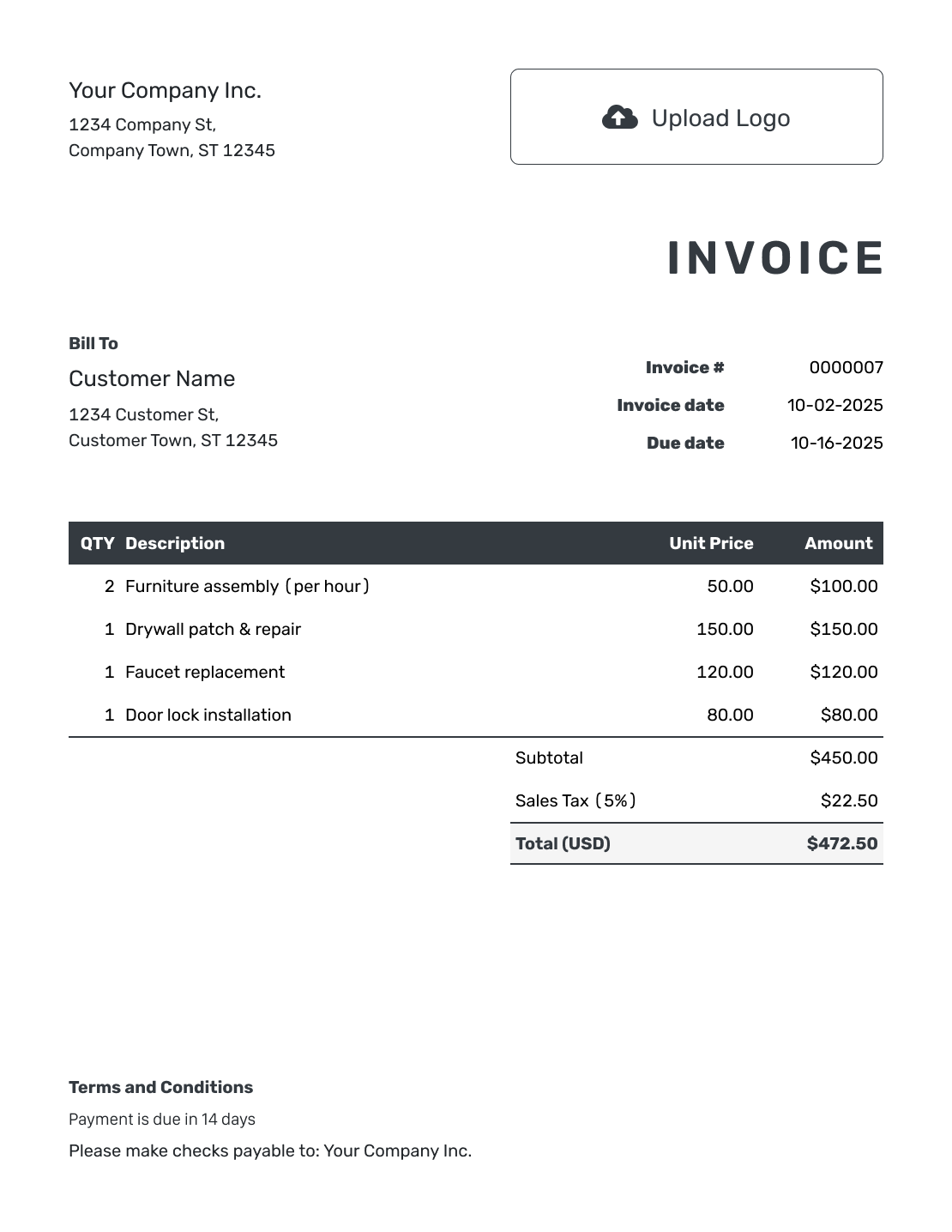 Hourly Bid Invoice Template