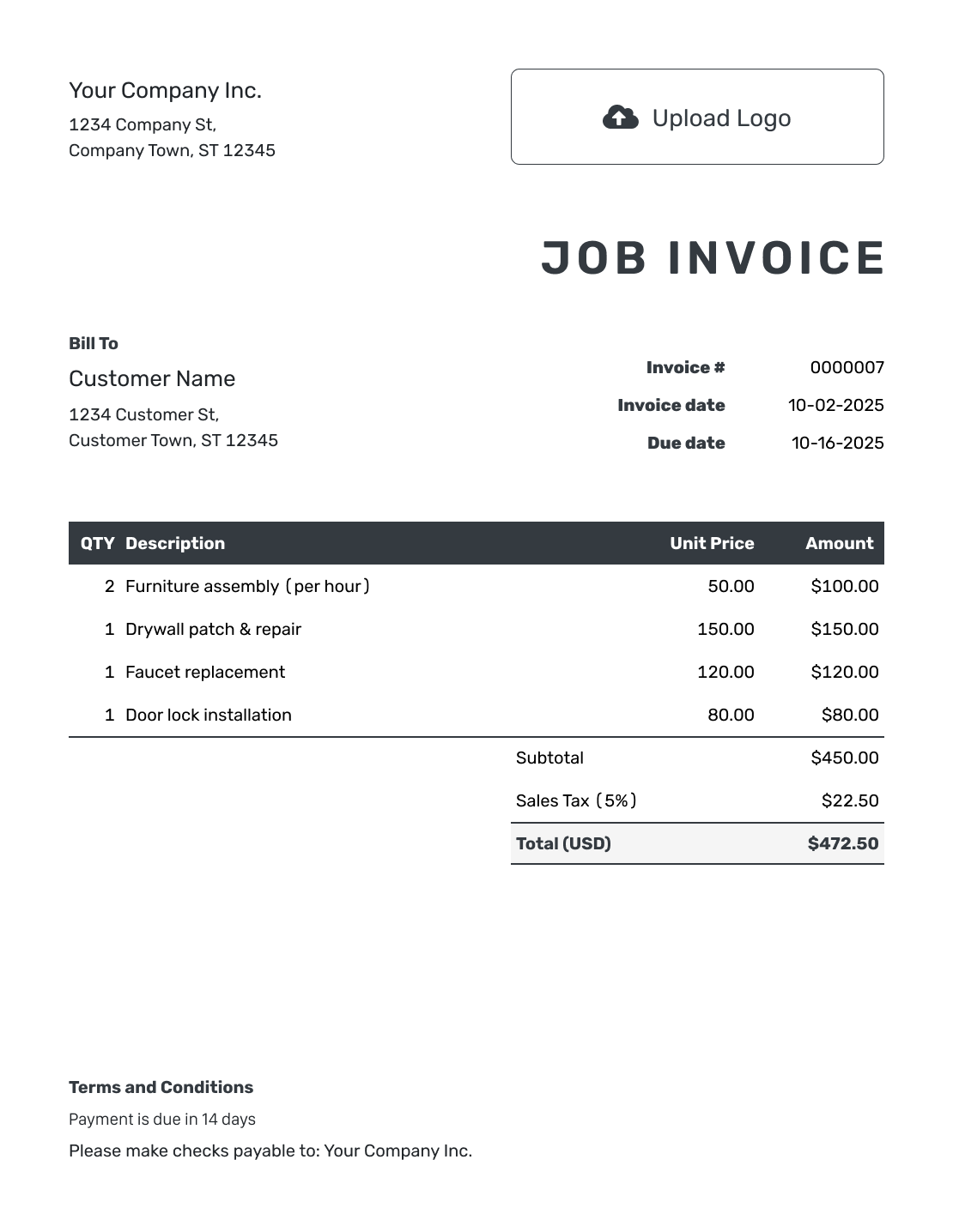 Hourly Job Invoice Template