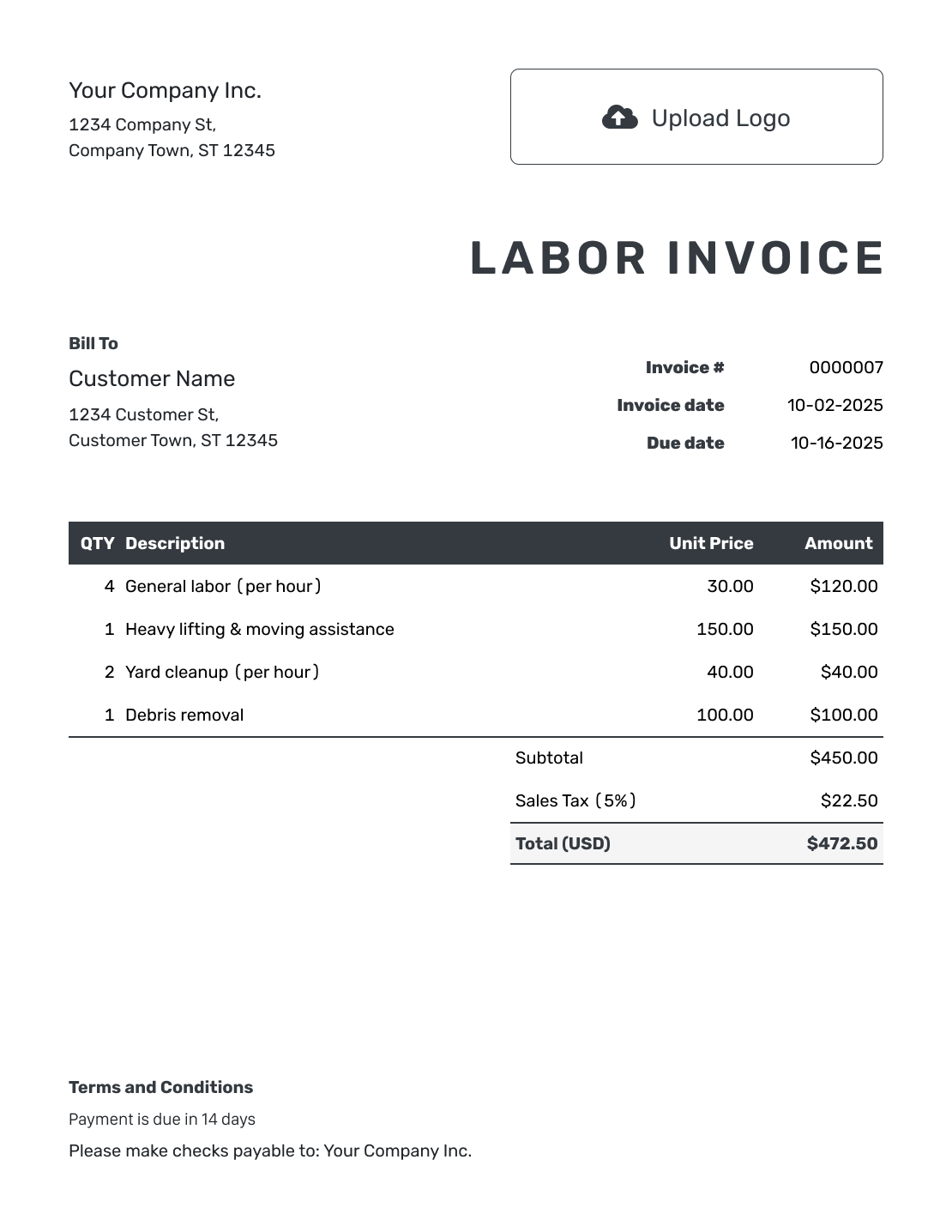 Hourly Labor Invoice Template