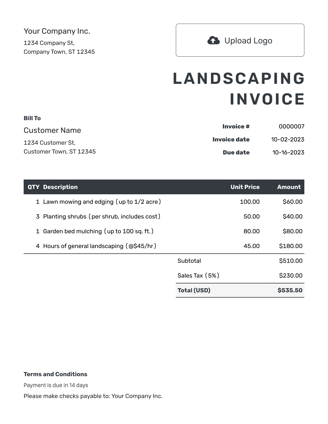 Hourly Landscaping Invoice Template