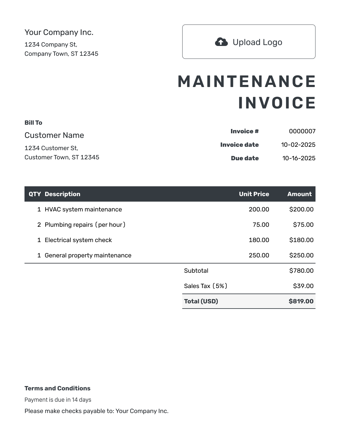 Hourly Maintenance Invoice Template