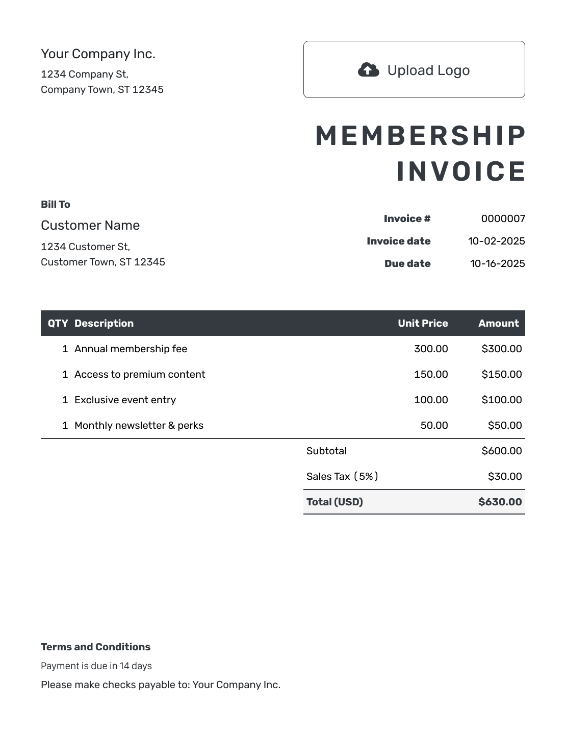 Hourly Membership Invoice Template