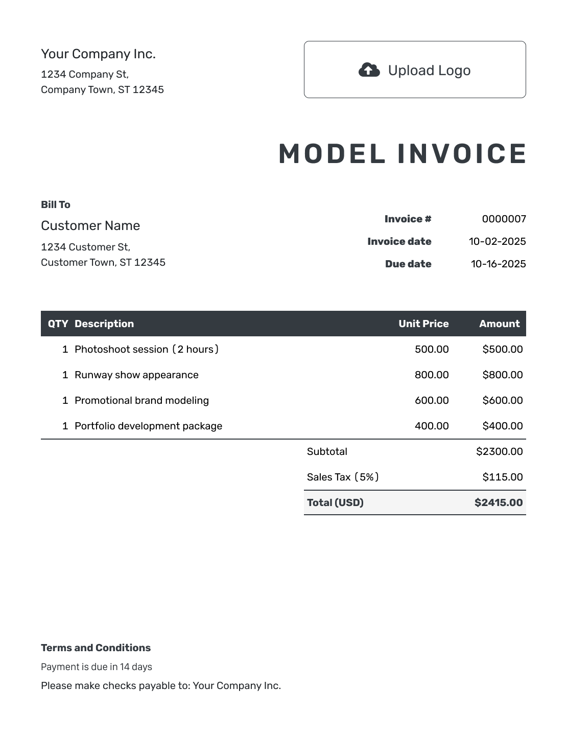 Hourly Model Invoice Template