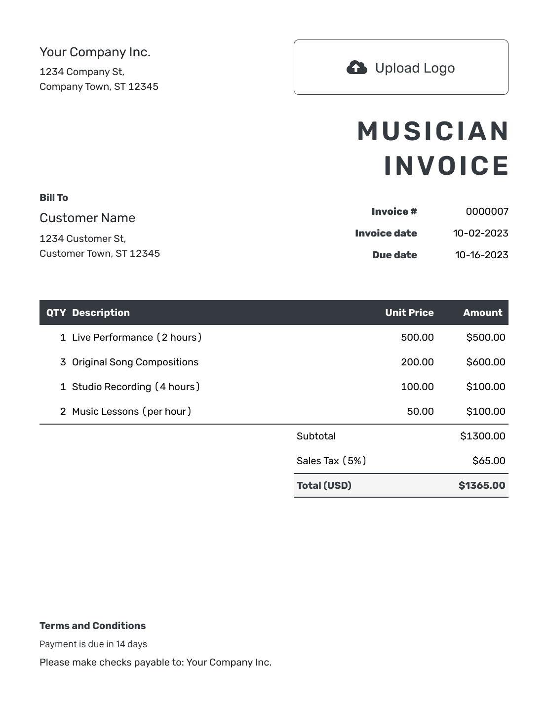 Hourly Musician Invoice Template