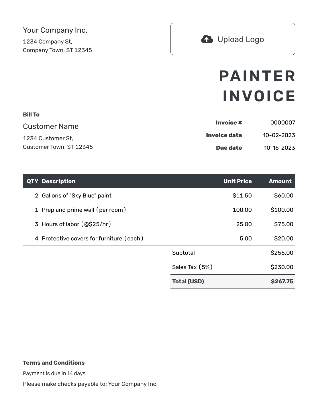 Hourly Painter Invoice Template