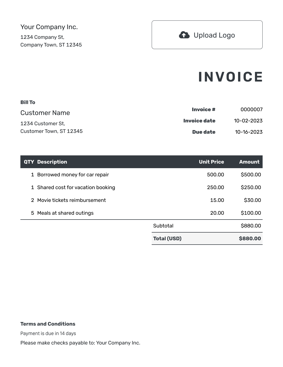 Hourly Personal Invoice Template
