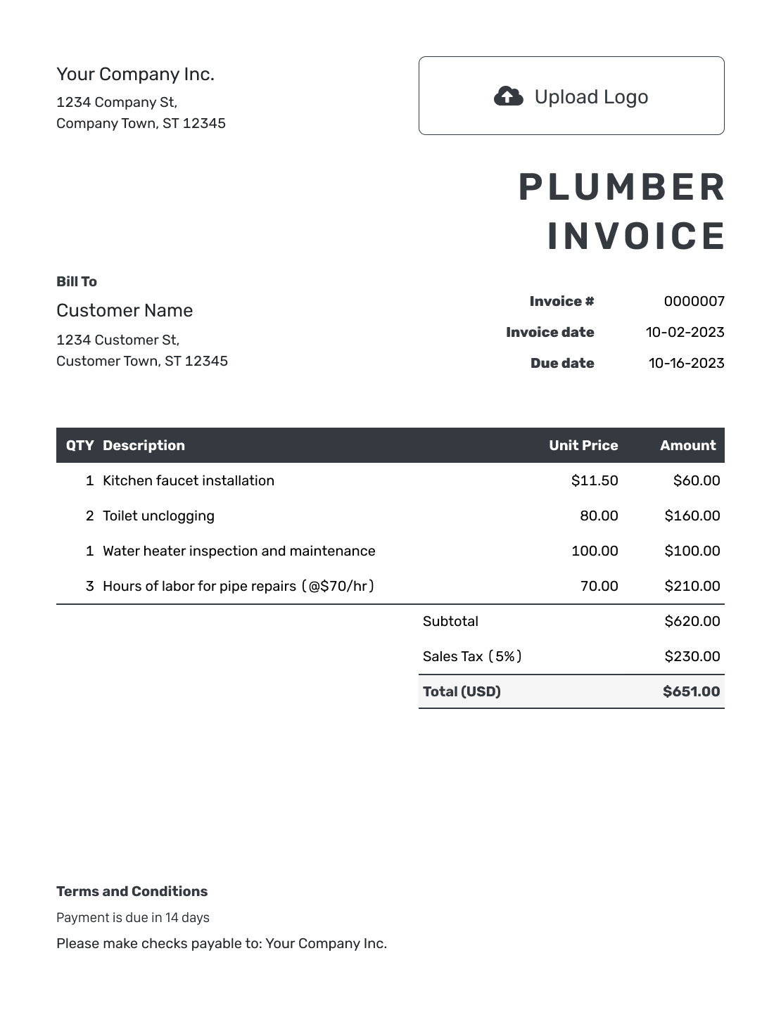 Hourly Plumber Invoice Template