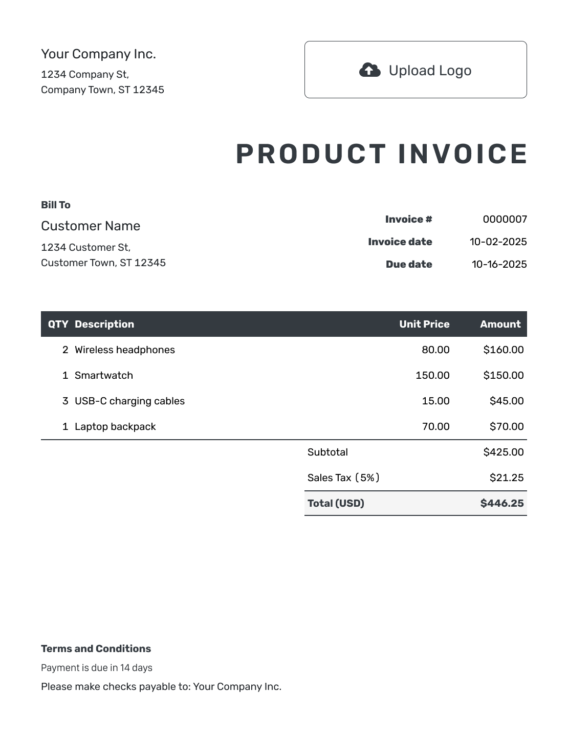 Hourly Product Invoice Template