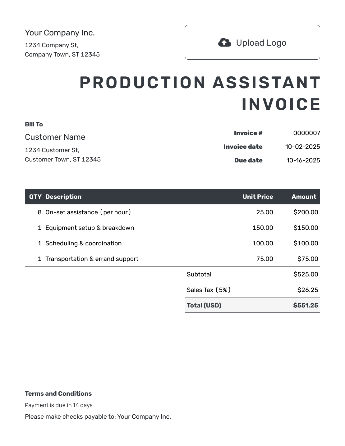 Hourly Production Assistant Invoice Template