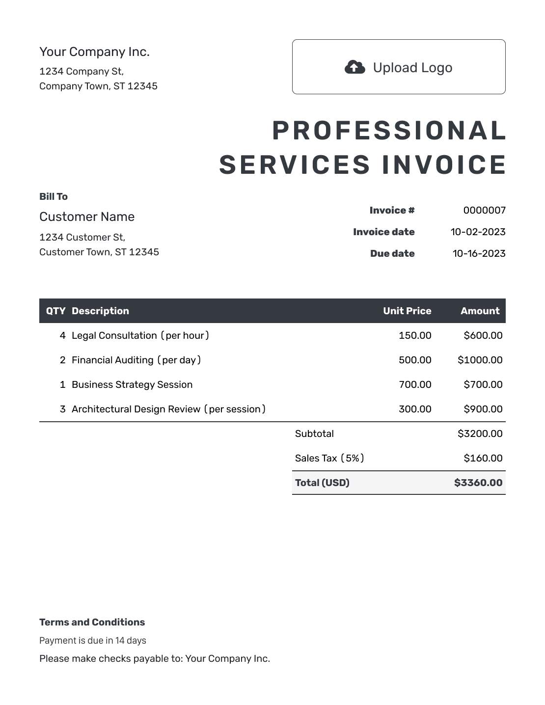 Hourly Professional Services Invoice Template