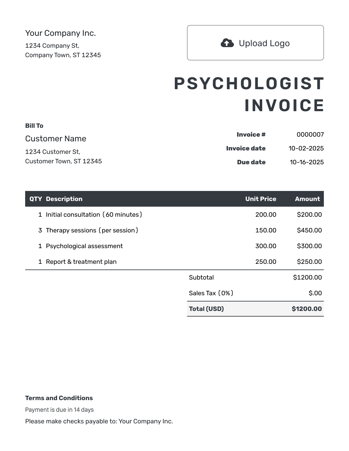 Hourly Psychologist Invoice Template