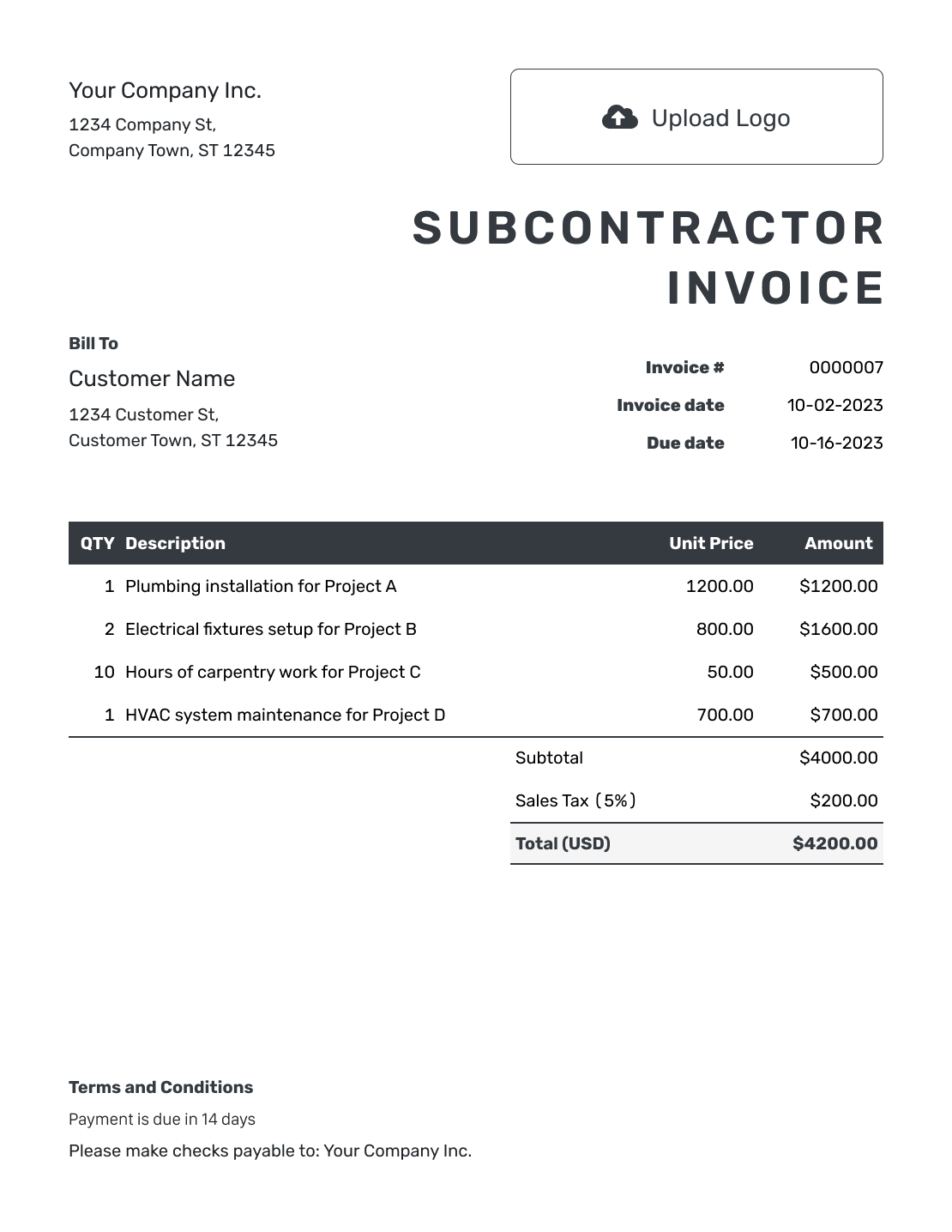 Hourly Subcontractor Invoice Template