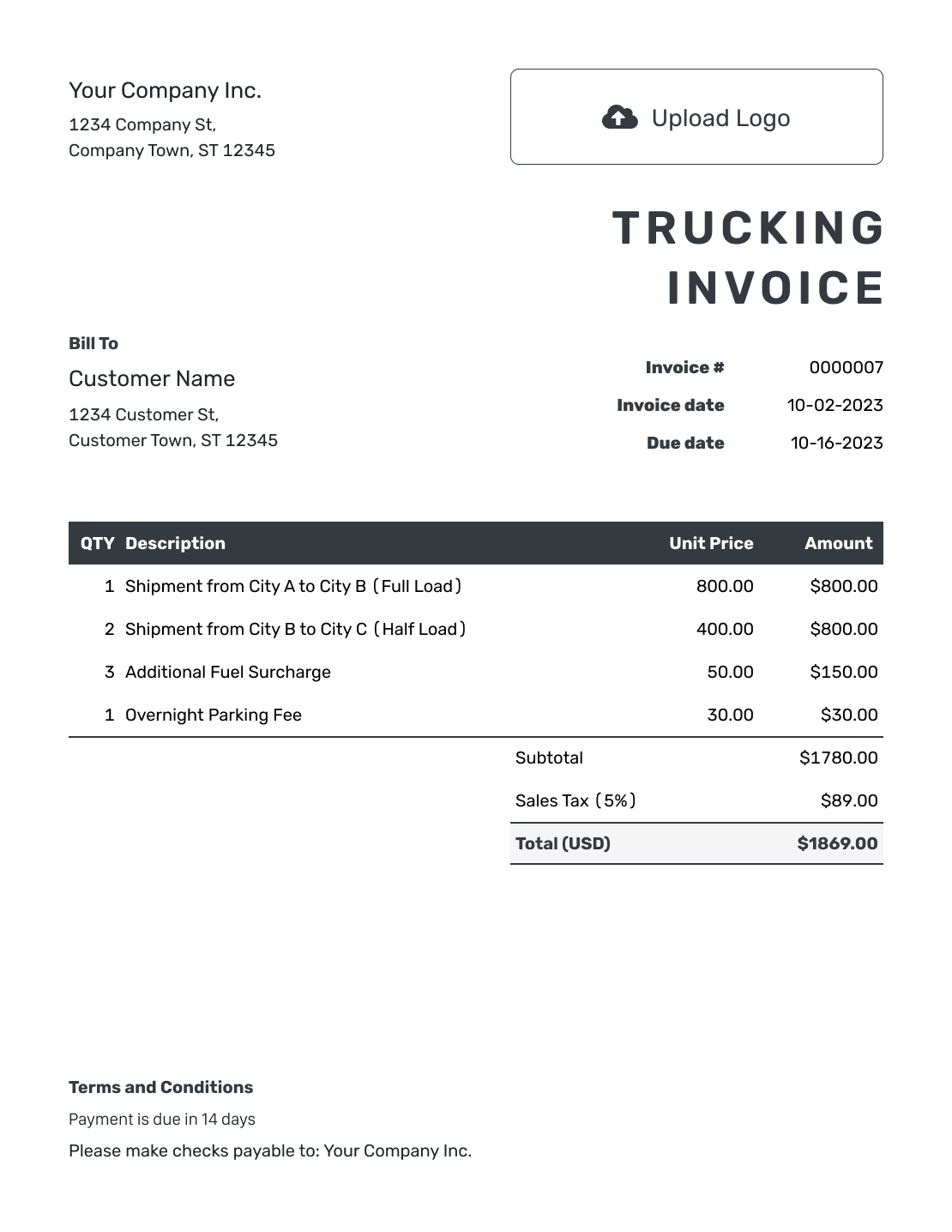 Hourly Trucking Invoice Template