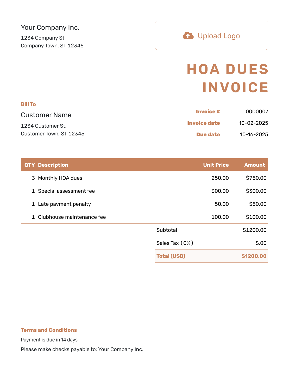 Itemized HOA Dues Invoice Template