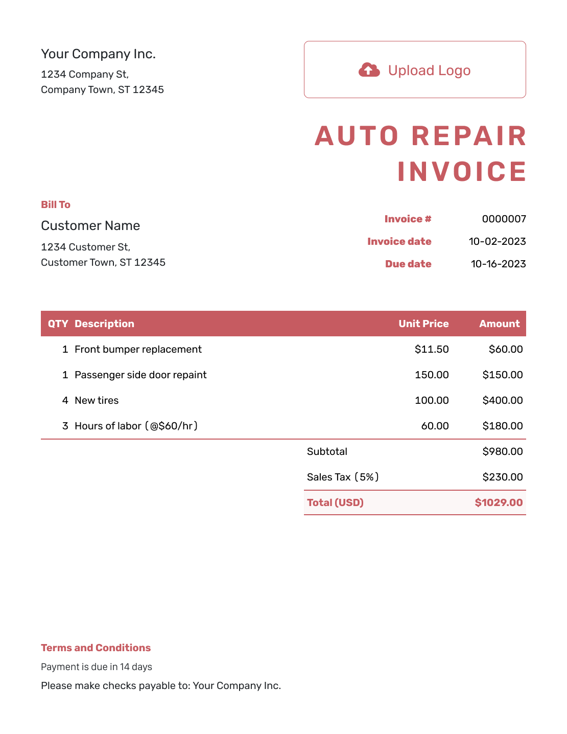 Itemized Auto Repair Invoice Template