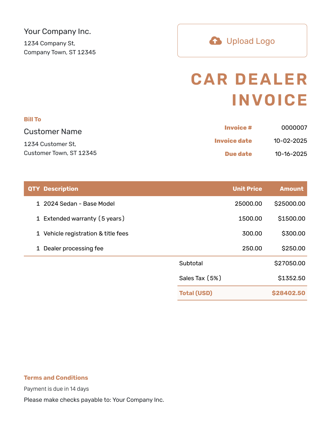 Itemized Car Dealer Invoice Template