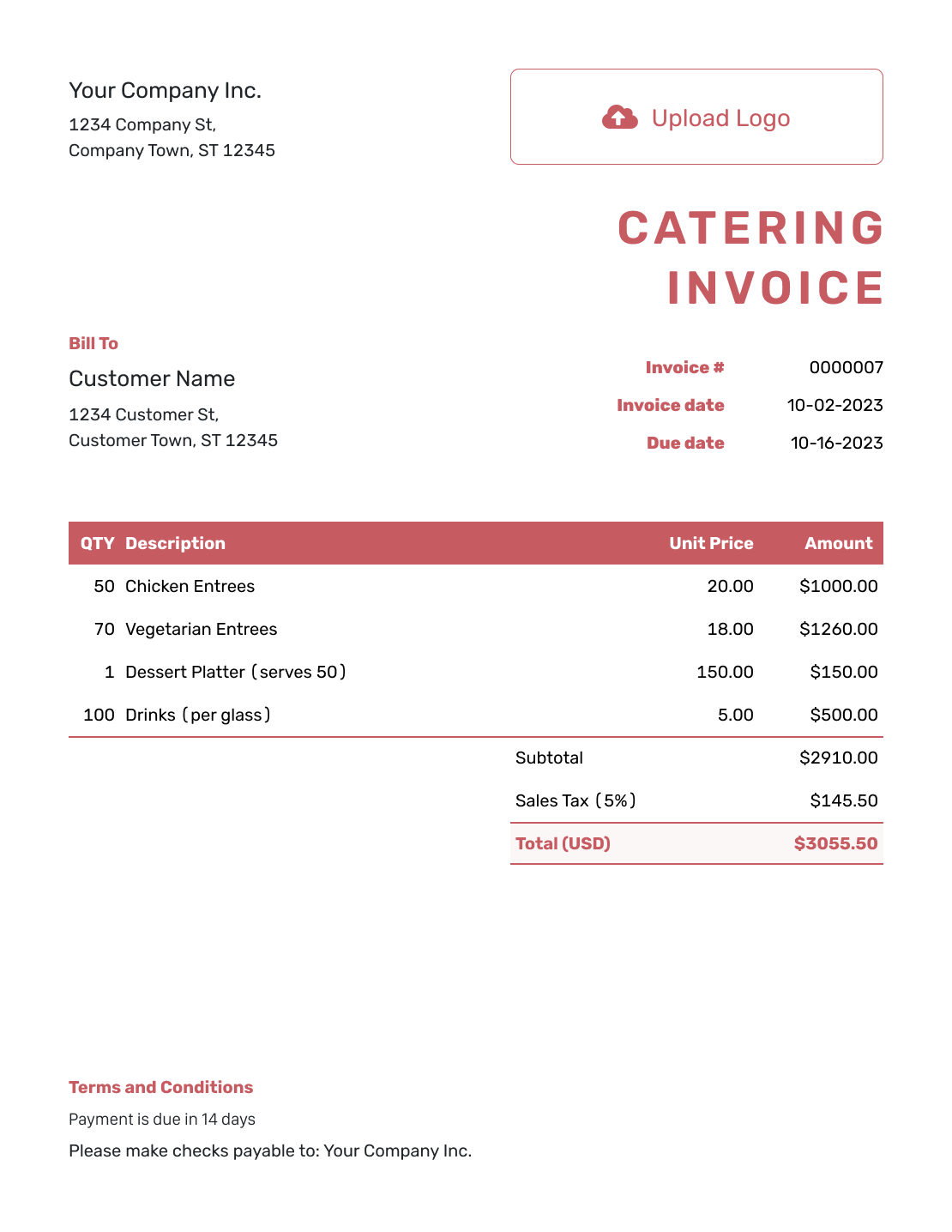 Itemized Catering Invoice Template