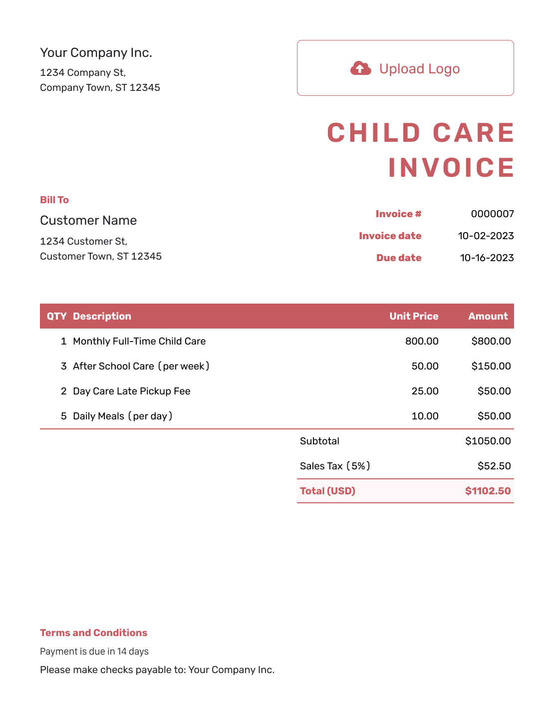 Itemized Child Care Invoice Template