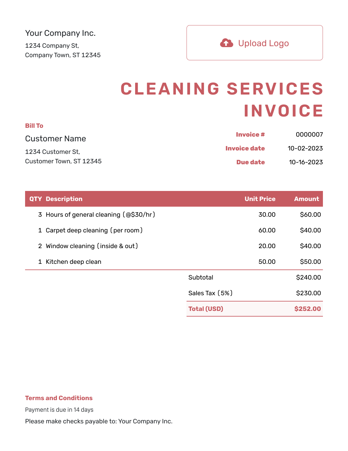 Itemized Cleaning Services Invoice Template