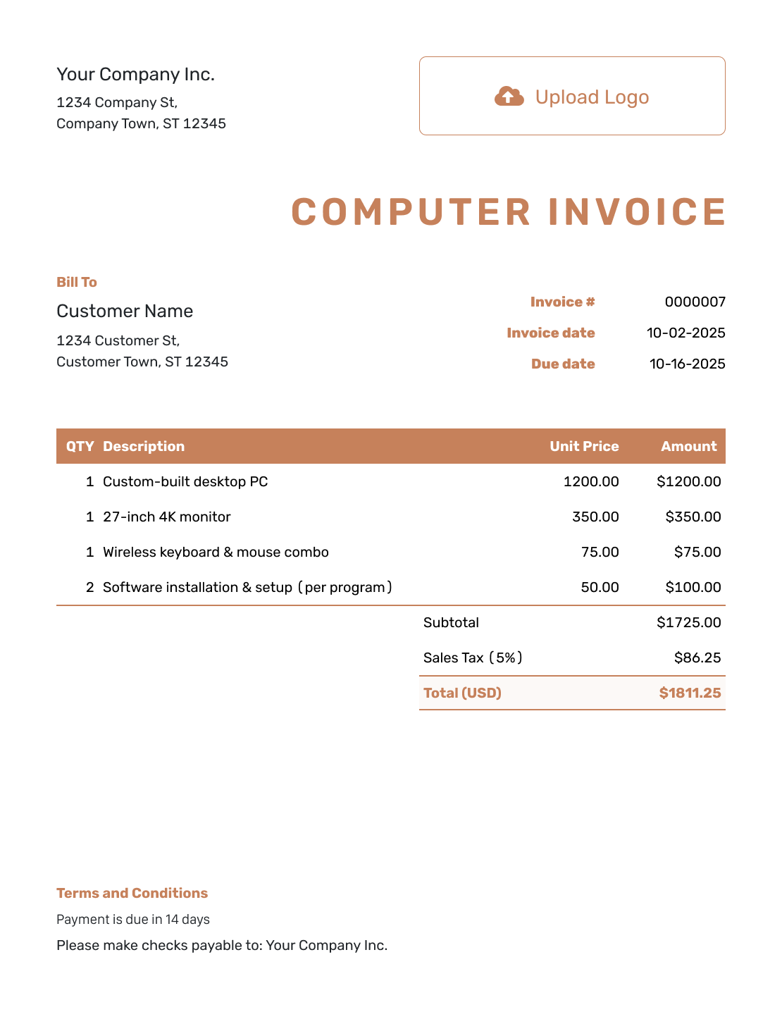 Itemized Computer Invoice Template