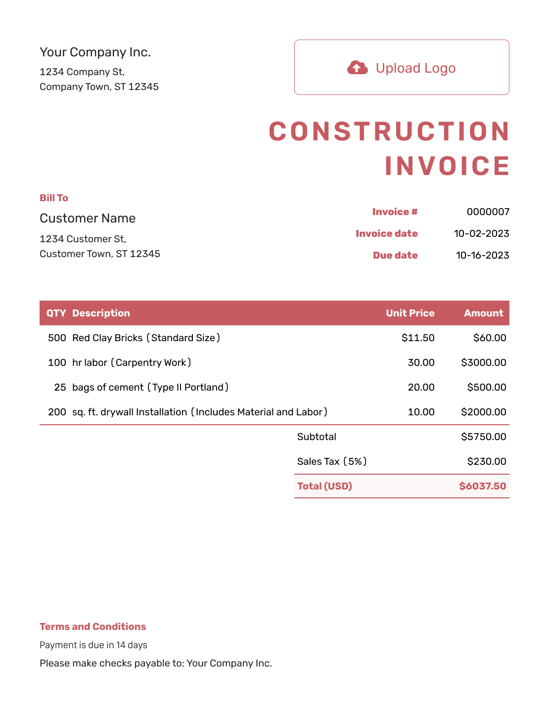 Itemized Construction Invoice Template