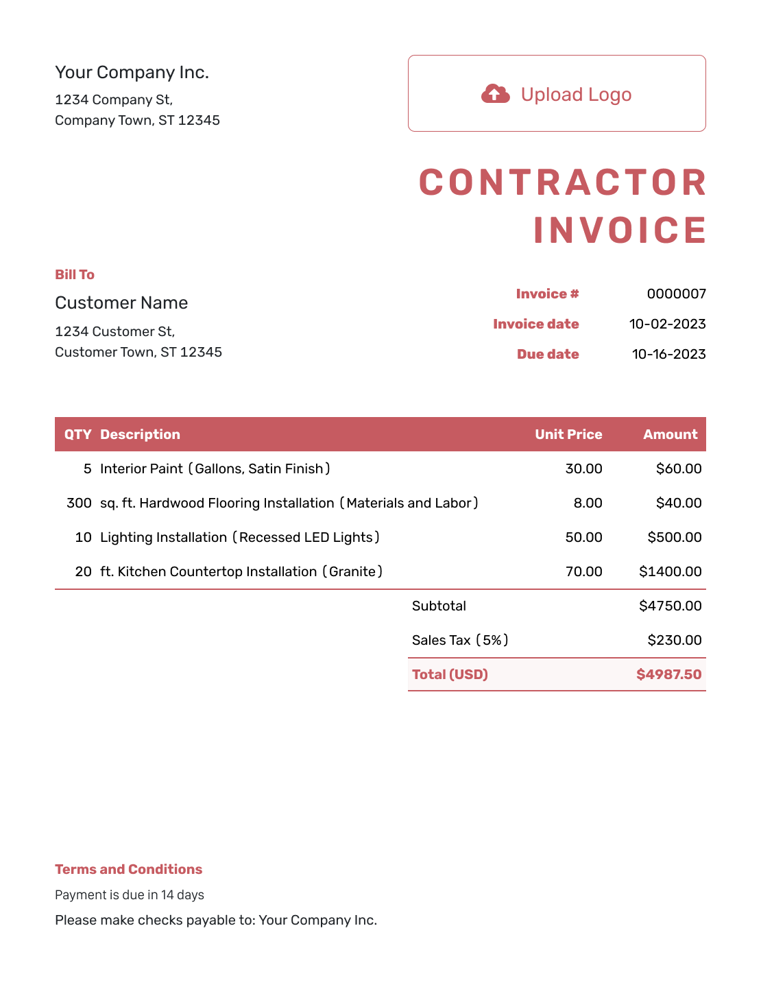Itemized Contractor Invoice Template